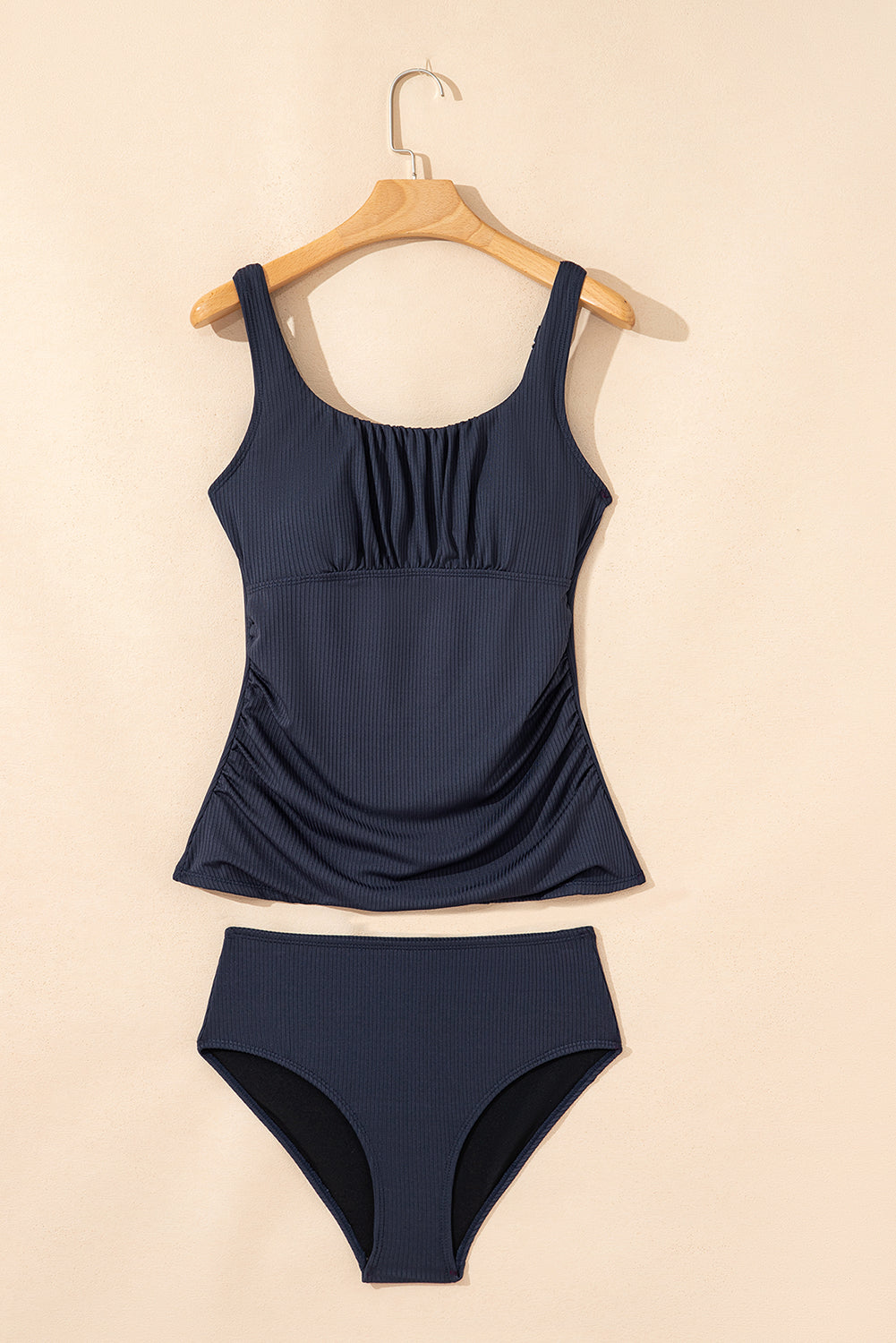 Blackish Green Ruched U Neck Ribbed Tankini