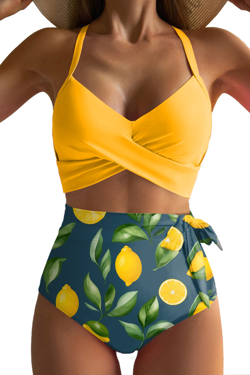 Yellow Crossed Straps Twisted Tropical Print Knot Side High Waist Bottom 2pcs Swimsuit