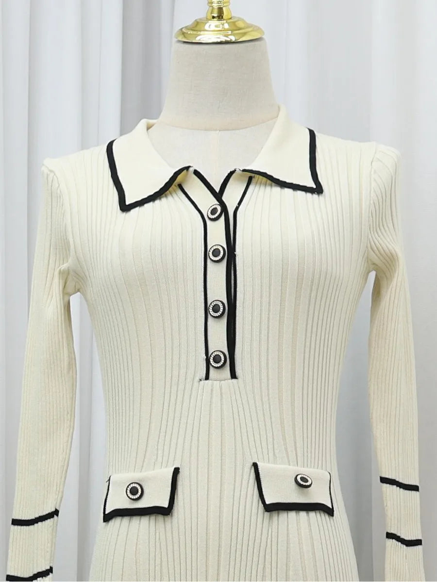 Doll collar X-shaped single breasted solid color long knit