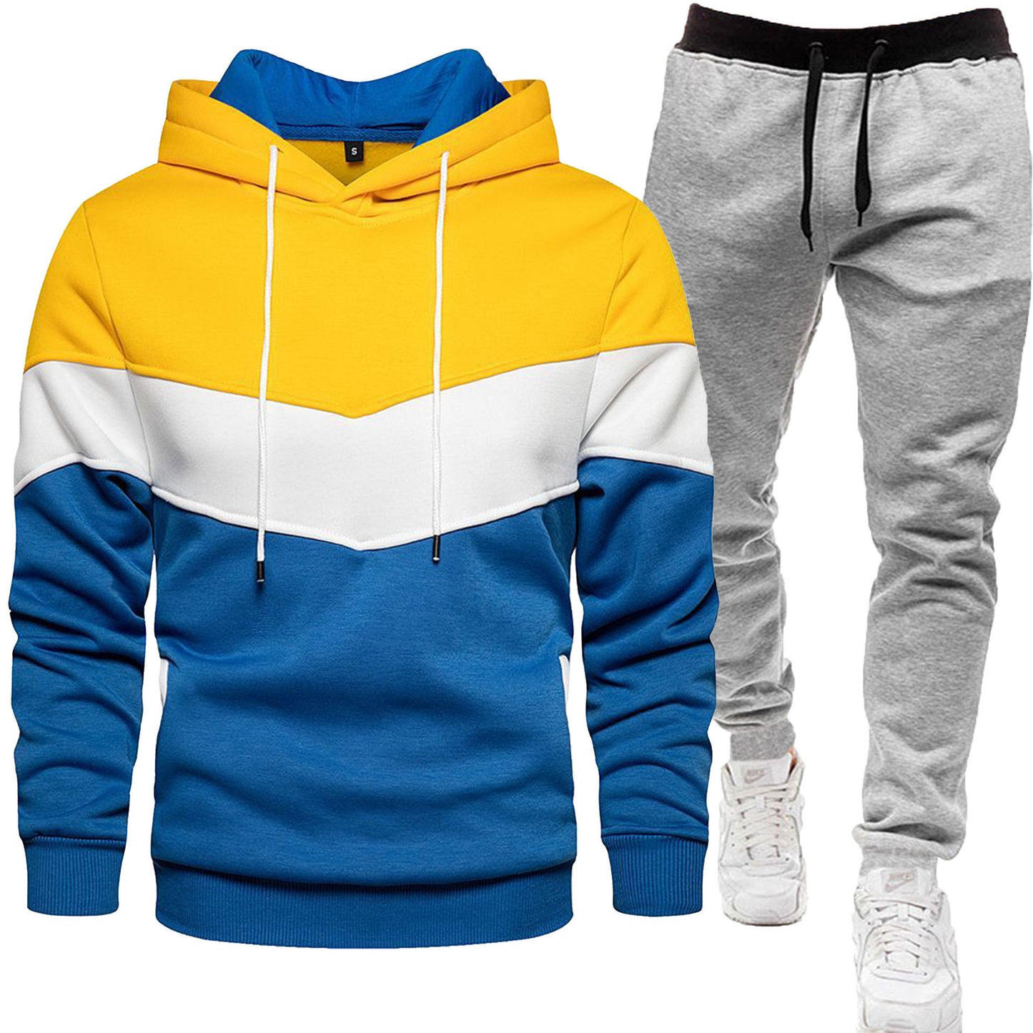 Men's three color hoodie sports suit, fashionable and casual, spring and autumn splicing hooded top, long pants two-piece set