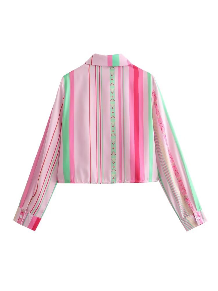 Collar long sleeved short striped printed waist cinching shirt