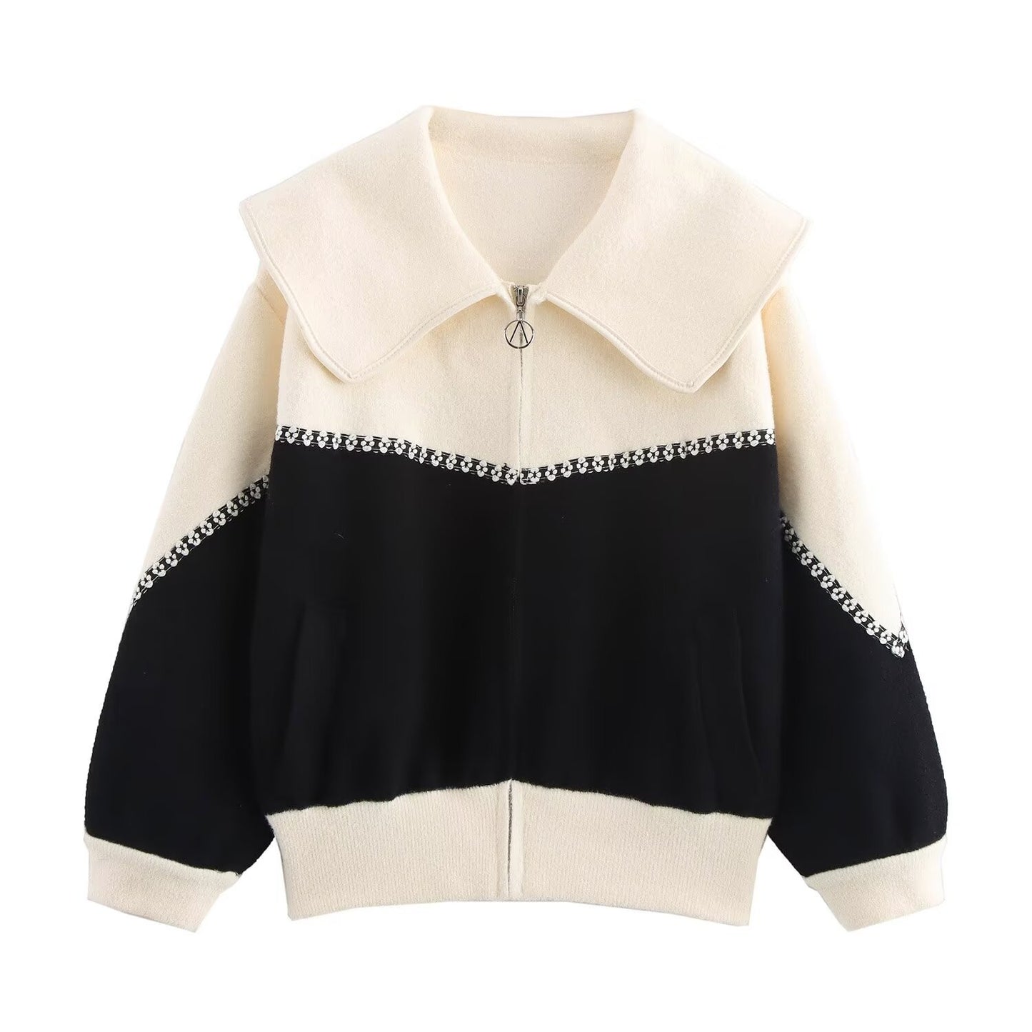 Color blocking collar zipper knitted double-sided cardigan design loose sweater jacket for women