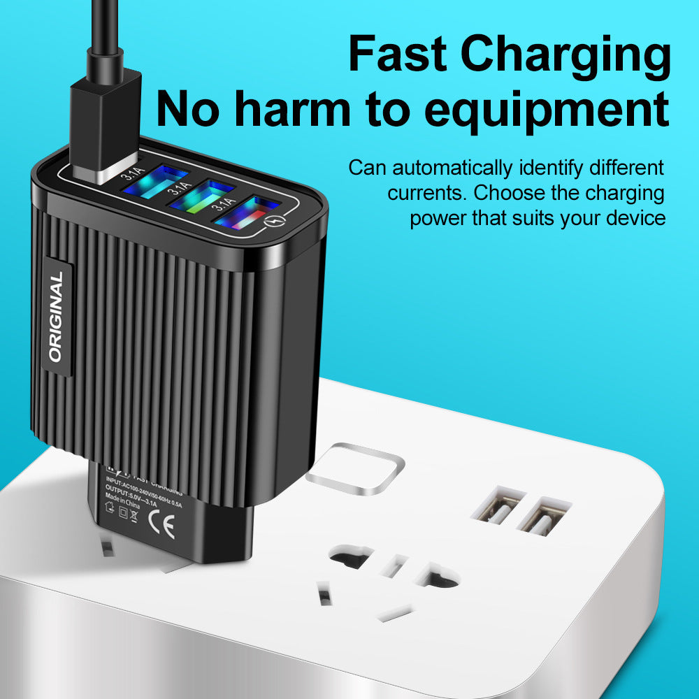 Luminous 4 USB mobile phone charging head, European and American standard travel charger, striped USB smart tablet charger