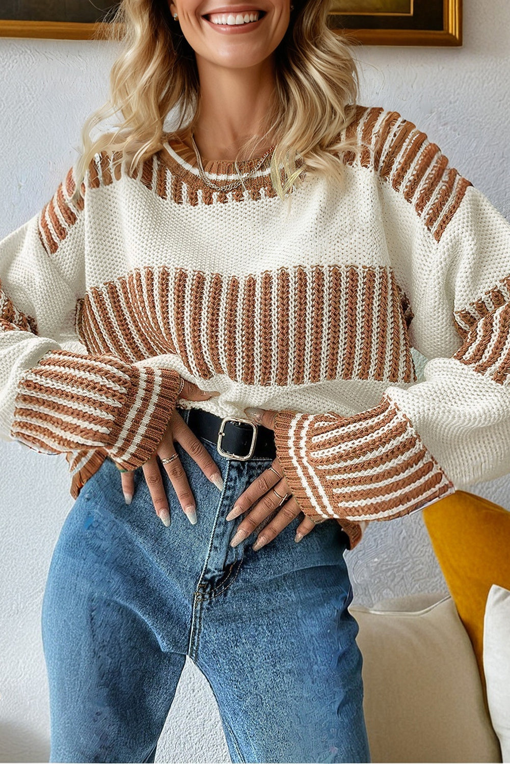 Brown Two Tone Striped Patchwork Drop Shoulder Loose Sweater
