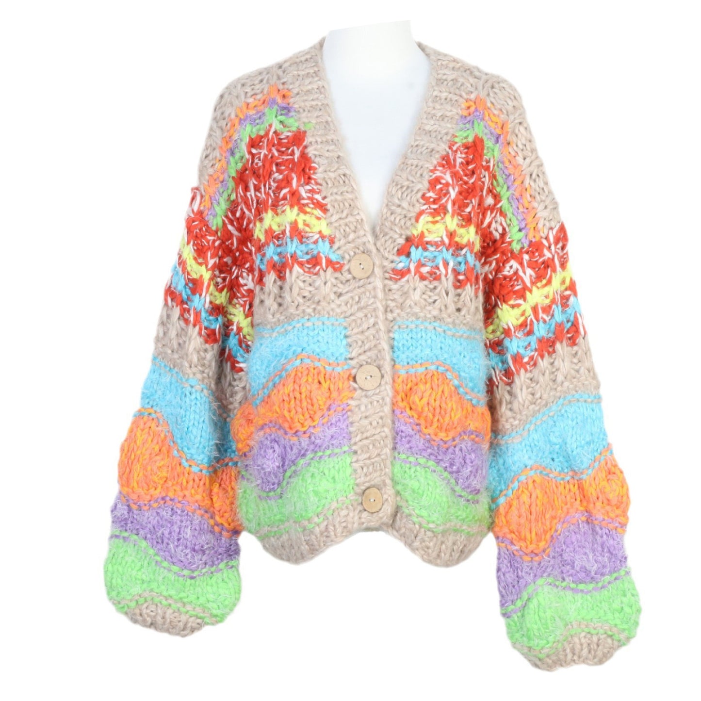 Autumn and winter sweater top, loose and lazy rainbow stripes, handmade thick rod needle V-neck knitted cardigan jacket for women, thick