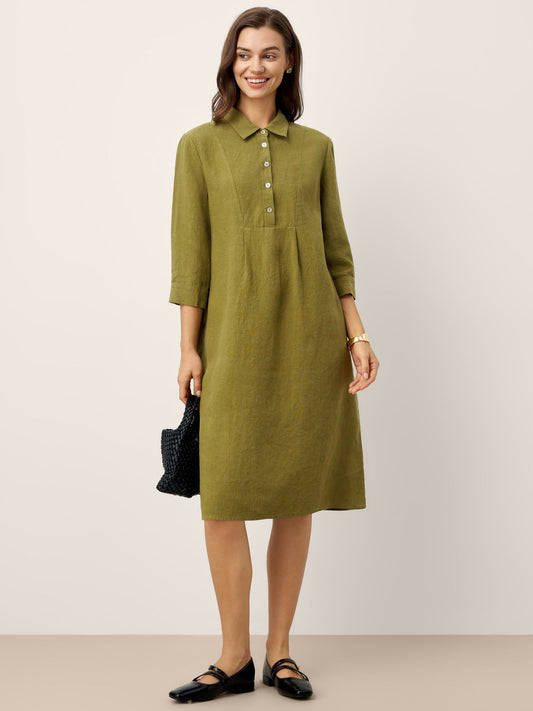 100% Linen Tailored Lapel 3/4 Sleeve Midi Shirt Dress MERCEDES
