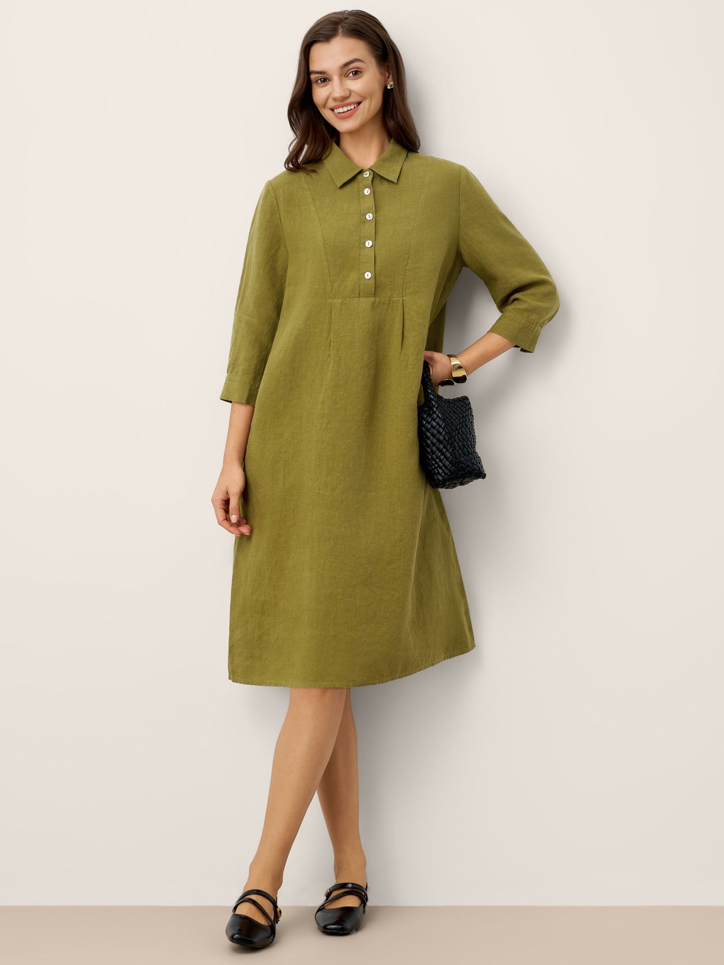 100% Linen Tailored Lapel 3/4 Sleeve Midi Shirt Dress MERCEDES