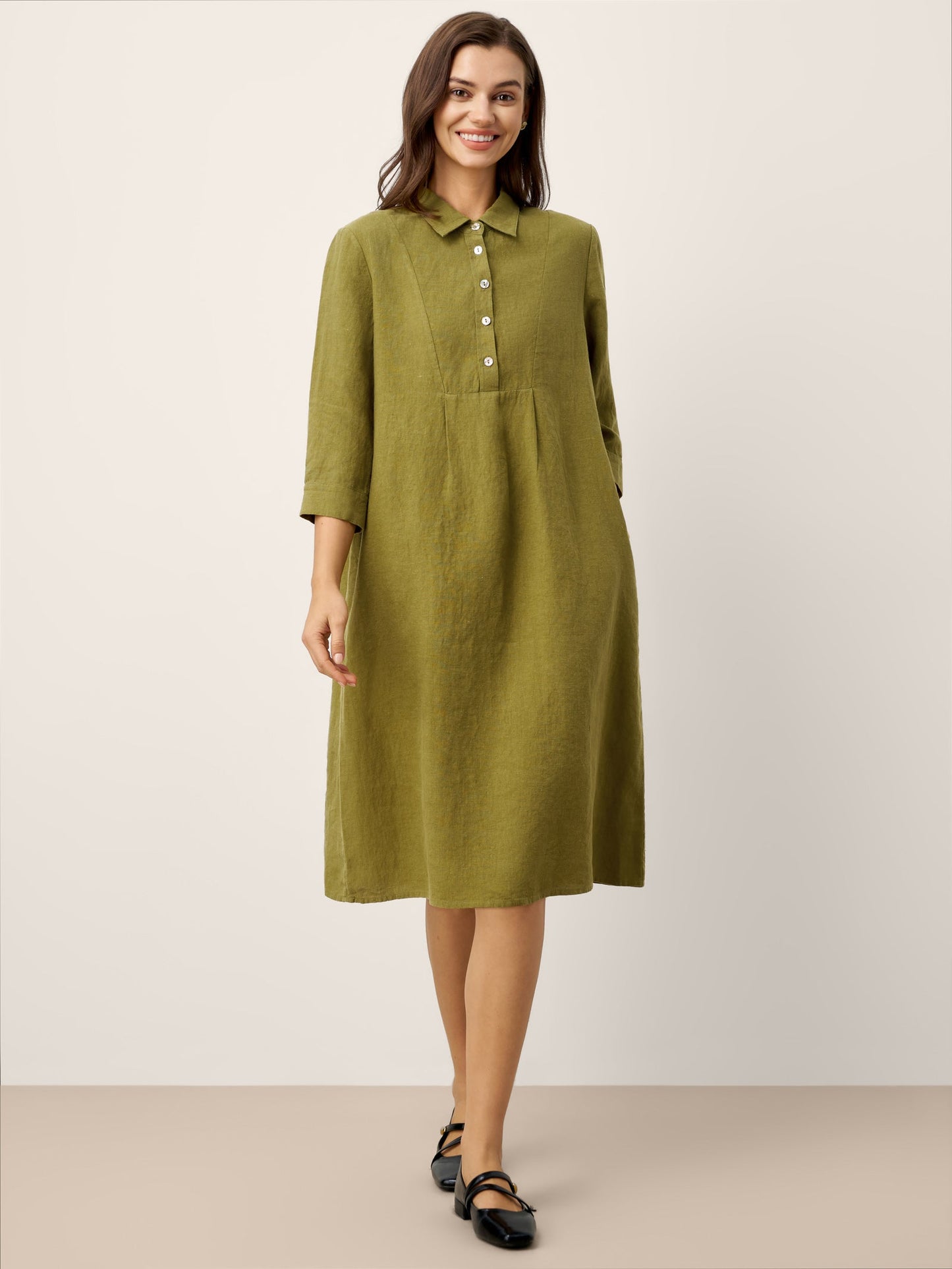 100% Linen Tailored Lapel 3/4 Sleeve Midi Shirt Dress MERCEDES