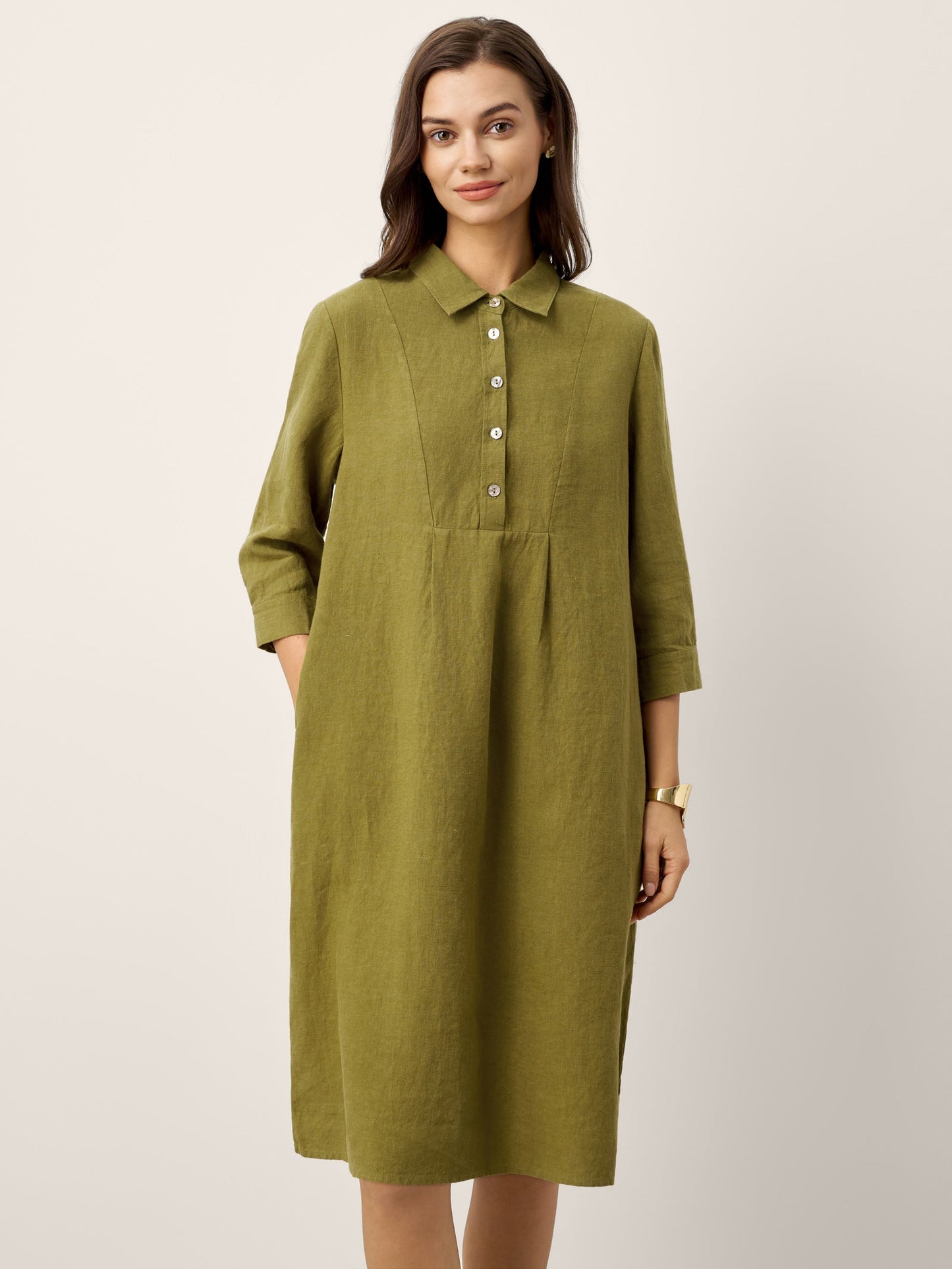 100% Linen Tailored Lapel 3/4 Sleeve Midi Shirt Dress MERCEDES