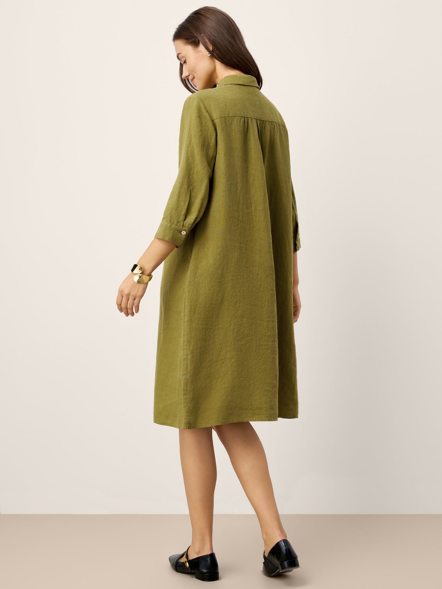 100% Linen Tailored Lapel 3/4 Sleeve Midi Shirt Dress MERCEDES
