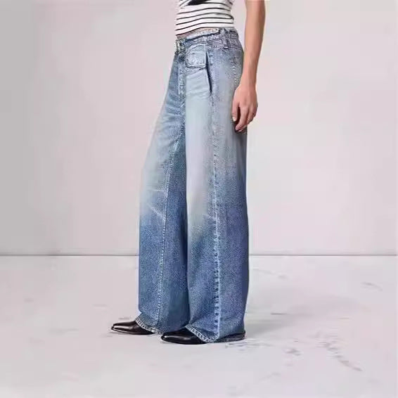 Retro mid rise women's jeans floor length washed loose wide leg straight leg pants