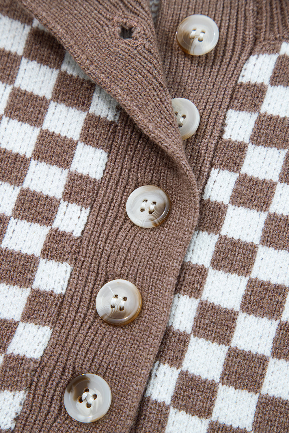 Dark Brown Half Button Ribbed Trim Checkerboard Knit Sweater