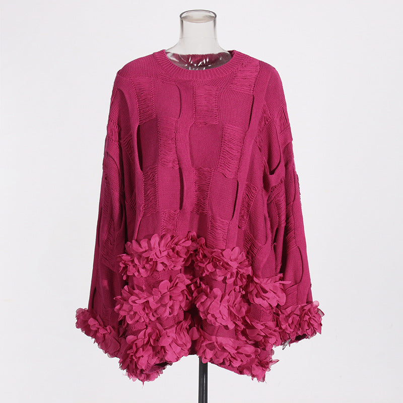 Loose and slimming knitted top with collage three-dimensional flower design sweater for women in autumn