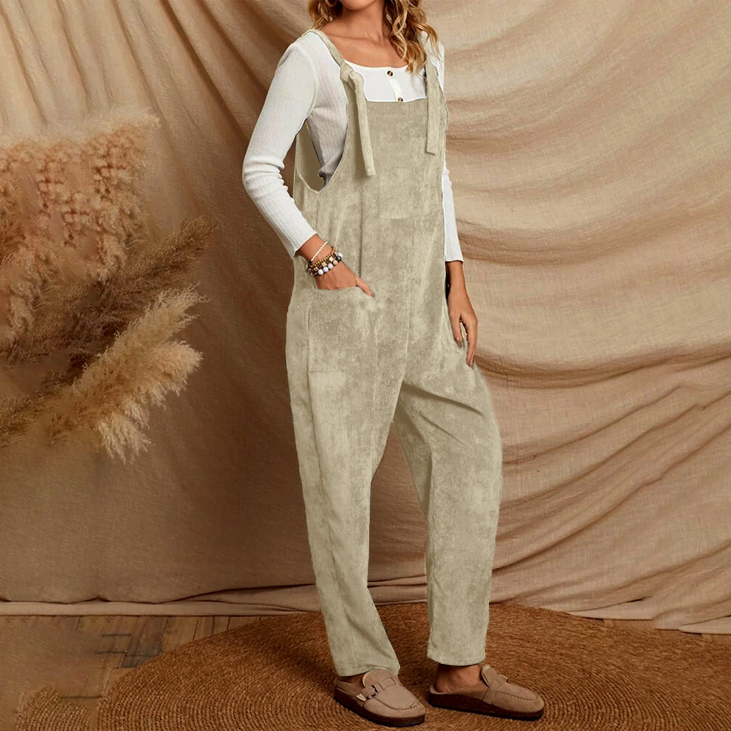 Corduroy multi pocket shoulder strap jumpsuit