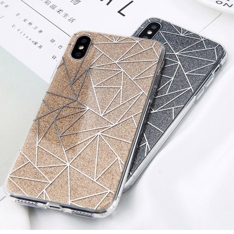 Glitter Bling Powder Phone Case For iPhone X Geometric Lines Hard PC Back Cover Cases For iPhone 8 7 6 6s Plus 5 5s SE