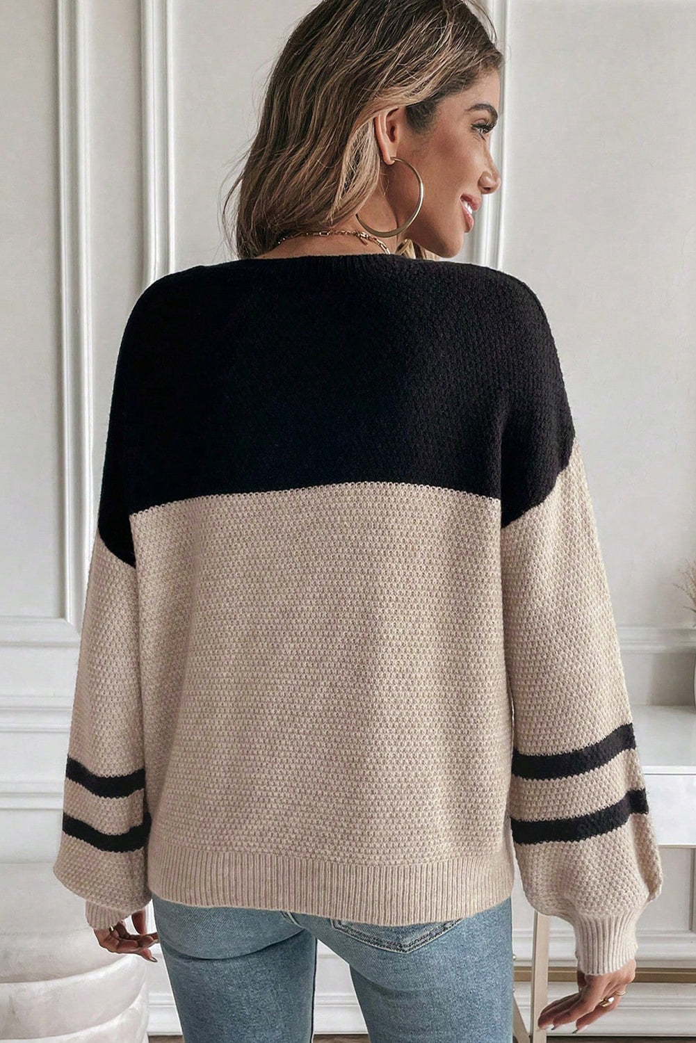 Dark Brown Color Block Knit Striped Sleeve Detail Casual Sweater