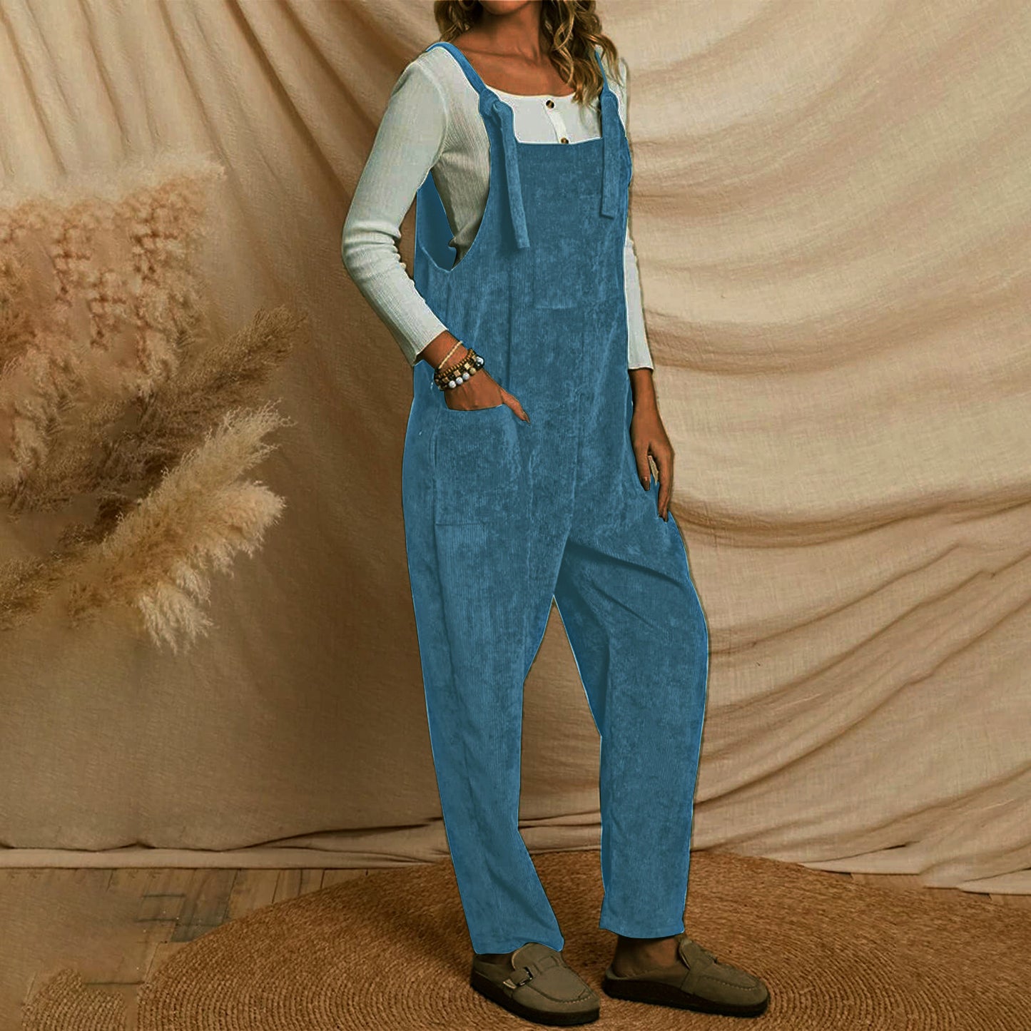 Corduroy multi pocket shoulder strap jumpsuit