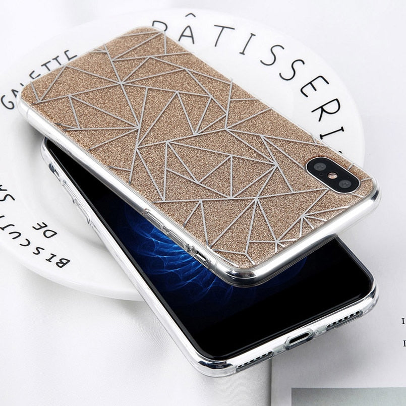 Glitter Bling Powder Phone Case For iPhone X Geometric Lines Hard PC Back Cover Cases For iPhone 8 7 6 6s Plus 5 5s SE