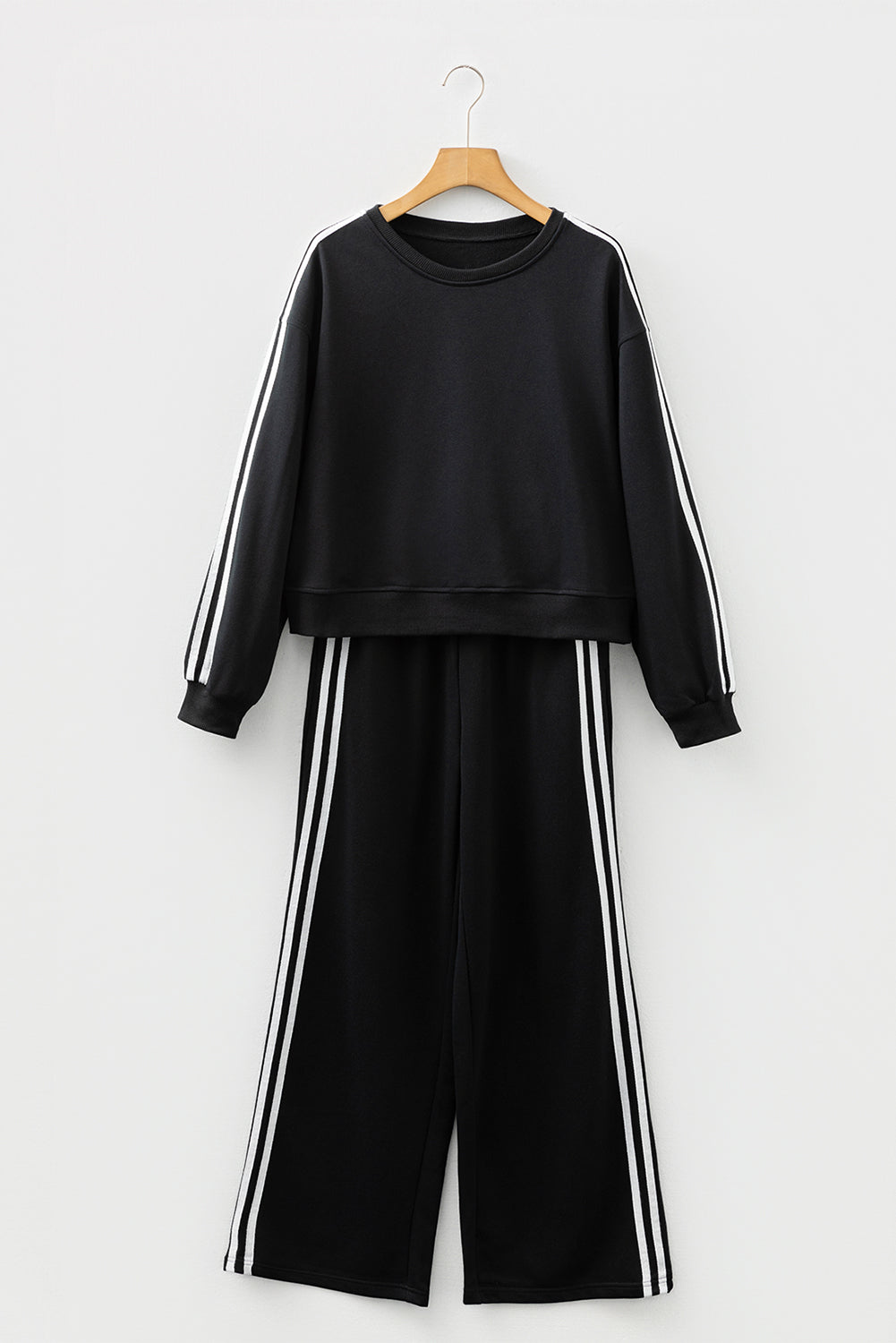 Dirty blue Varsity Striped Detail Crewneck Pullover Elastic Sweatpants 2pcs Outfit