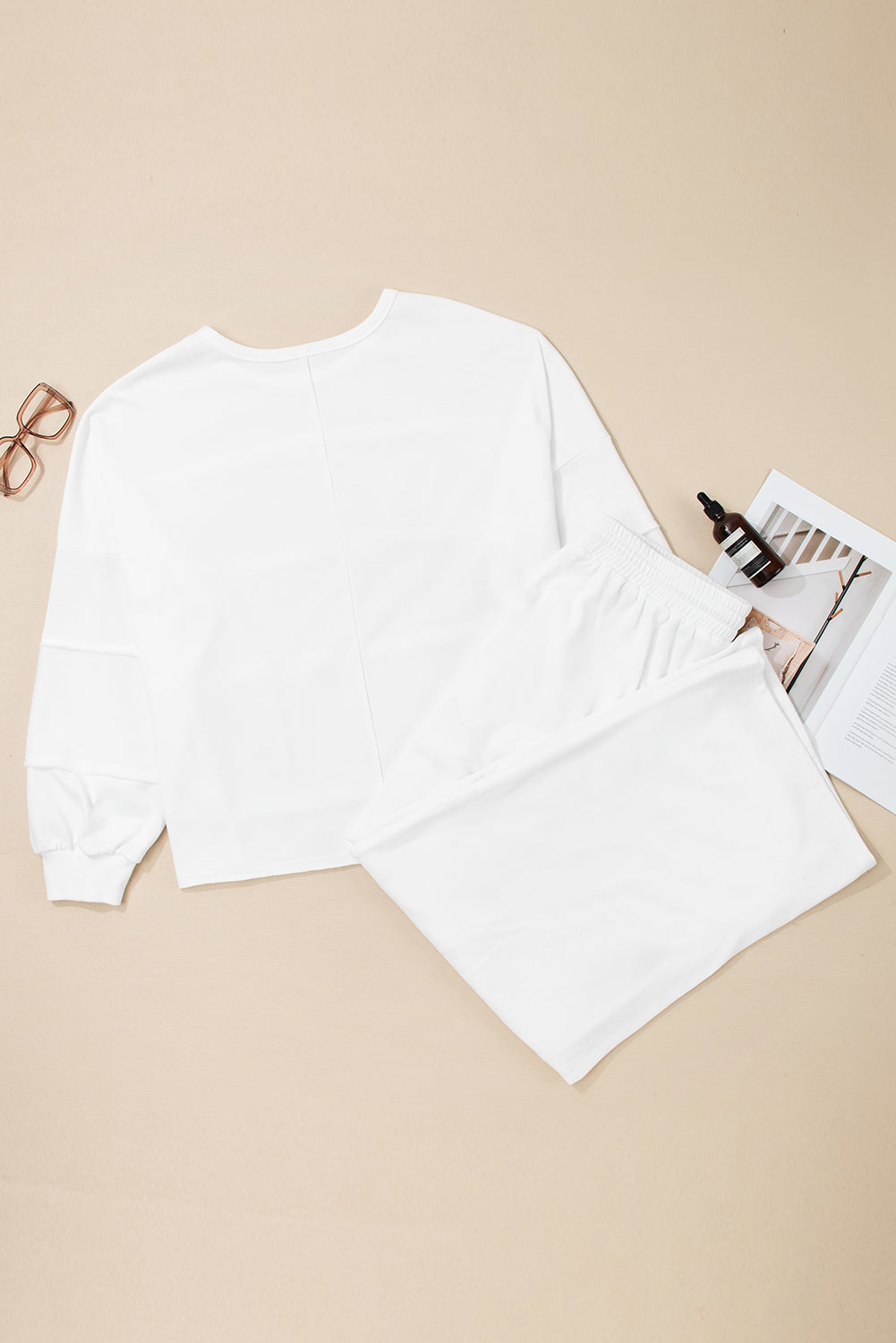 White Textured Raw Seam Plus Size Pullover Top and Drawstring Pants Set