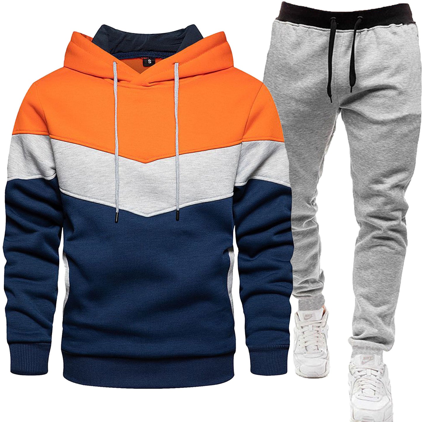 Men's three color hoodie sports suit, fashionable and casual, spring and autumn splicing hooded top, long pants two-piece set