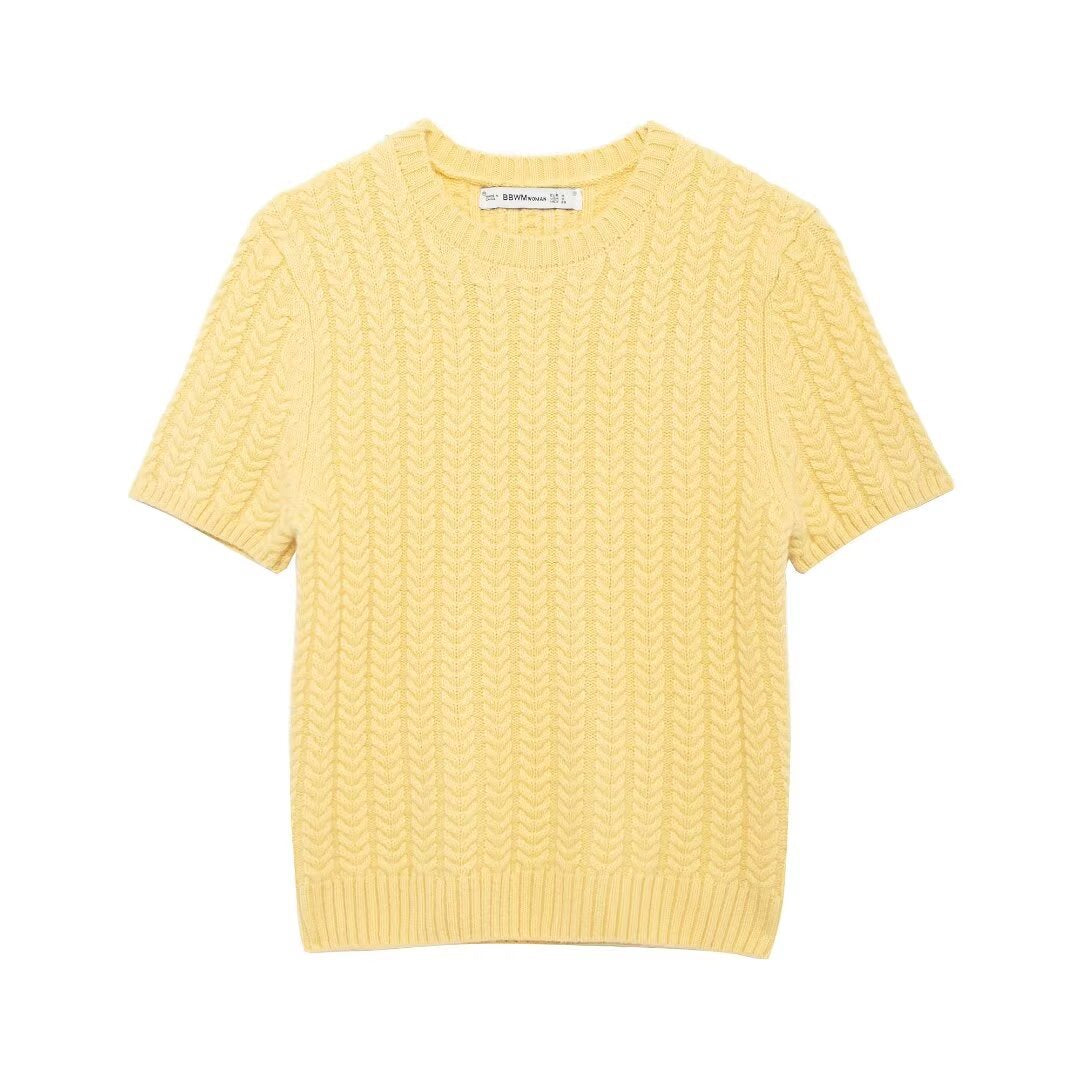 Stylish round neck short sleeved eight strand braided yellow knitted sweater for women