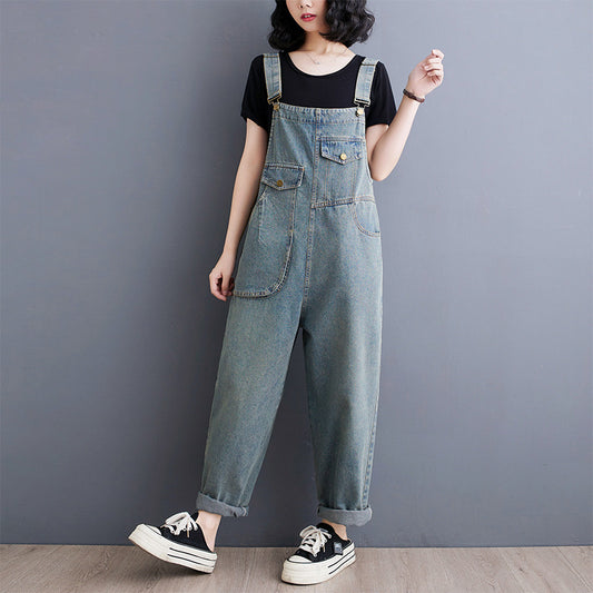 Spring Summer Vintage Jeans Jumpsuits Women Loose Wide Leg Rompers Womens Retro Long Denim Jumpsuit Ladies Front Pockets