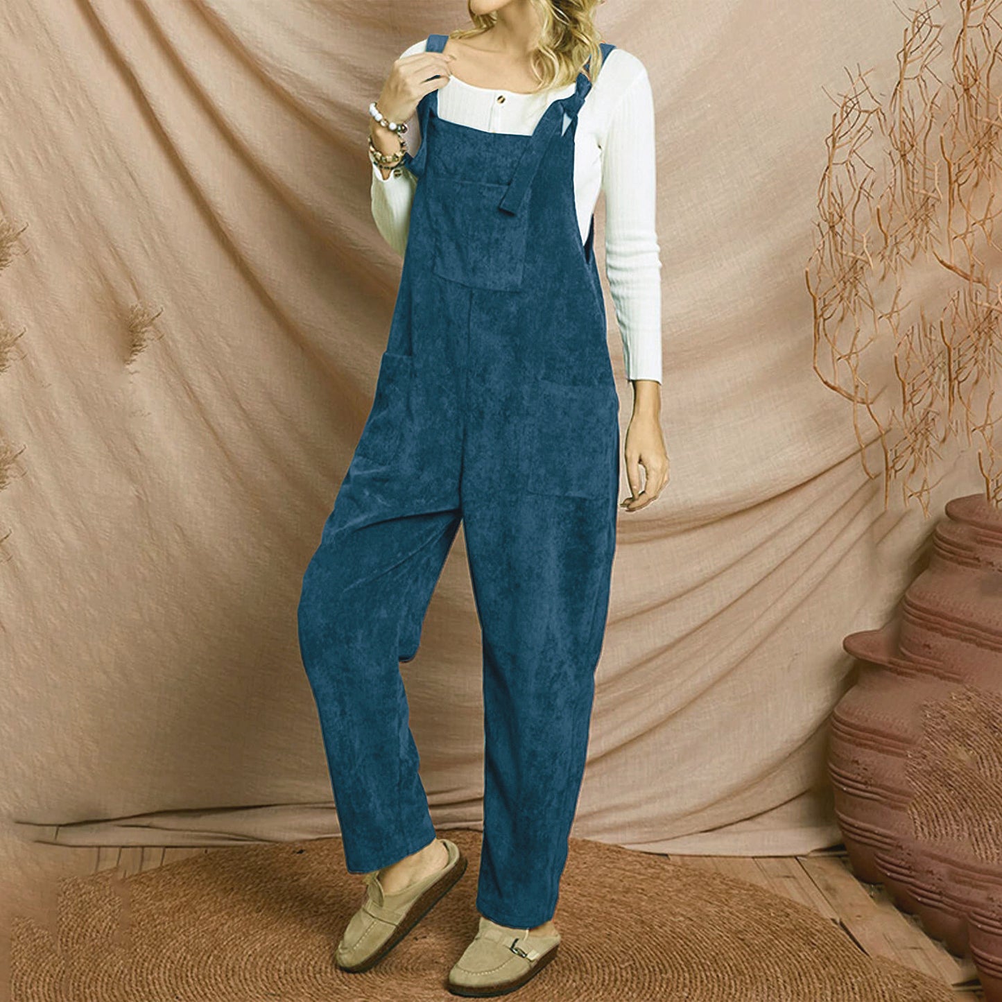 Corduroy multi pocket shoulder strap jumpsuit