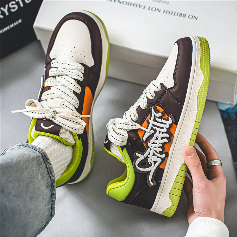 Fashion niche men's shoes, low top student color blocked casual board shoes, Korean version trendy lace up flat bottom four season shoes