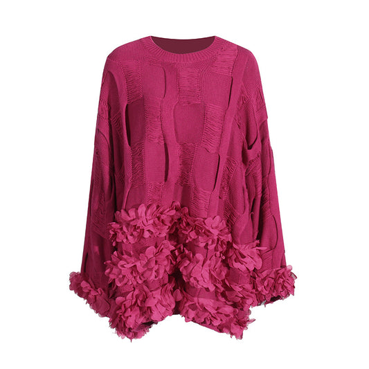 Loose and slimming knitted top with collage three-dimensional flower design sweater for women in autumn