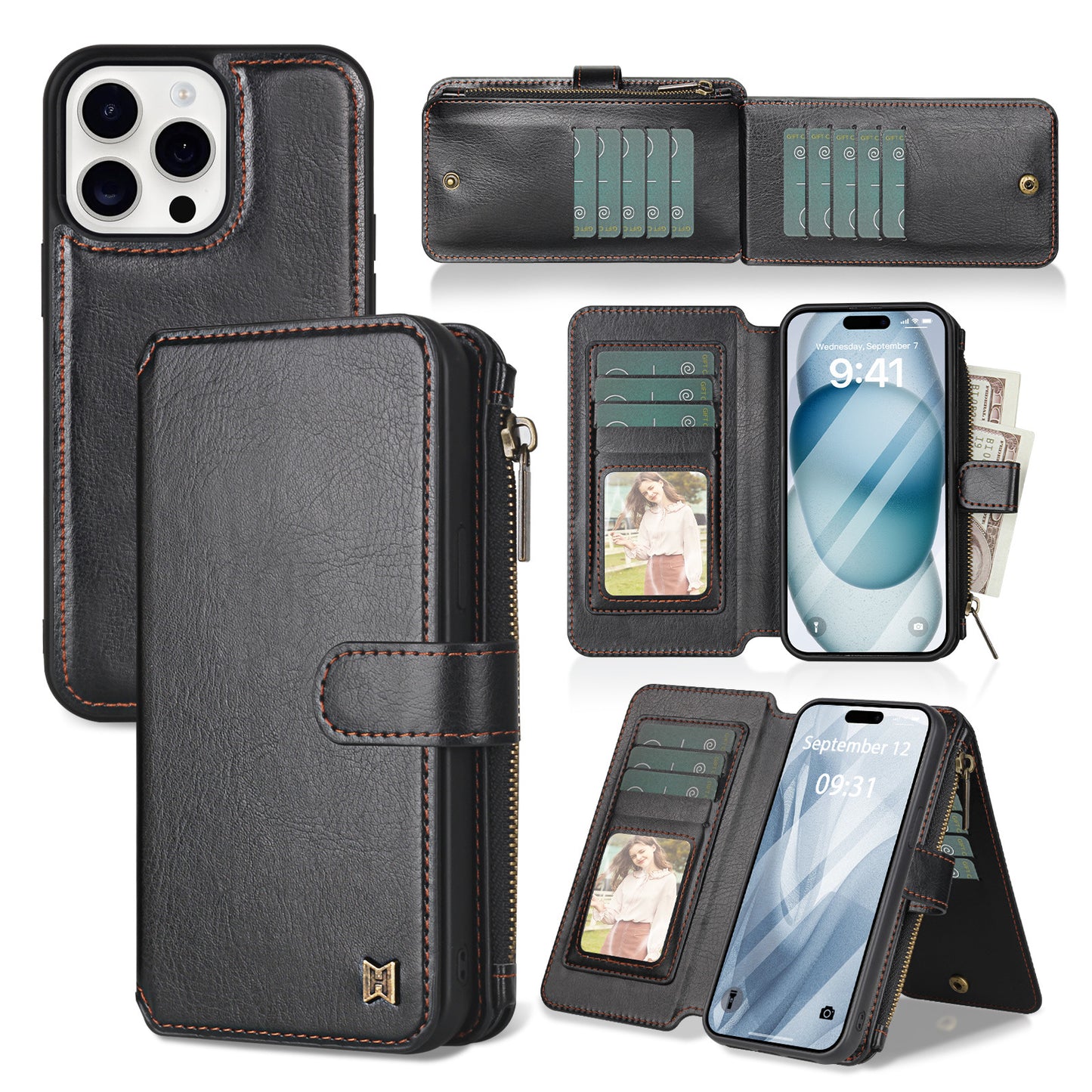 IPhone15 Pro multifunctional wallet leather case IP15 phone case detachable magnetic protective case