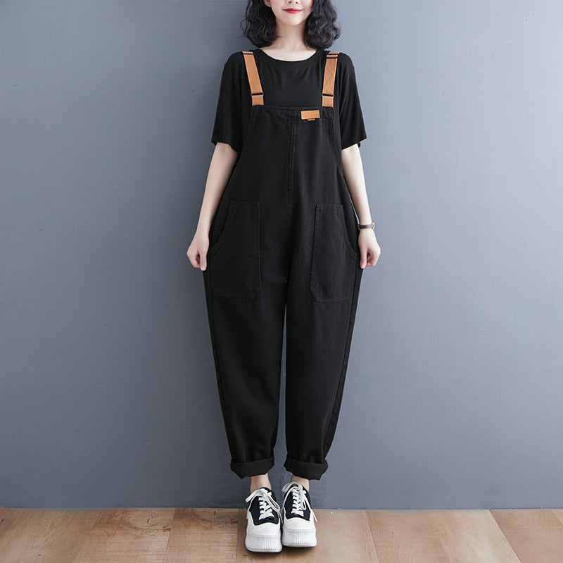 Spring loose large size denim overalls women's fashion simple casual loose suspender denim jumpsuit