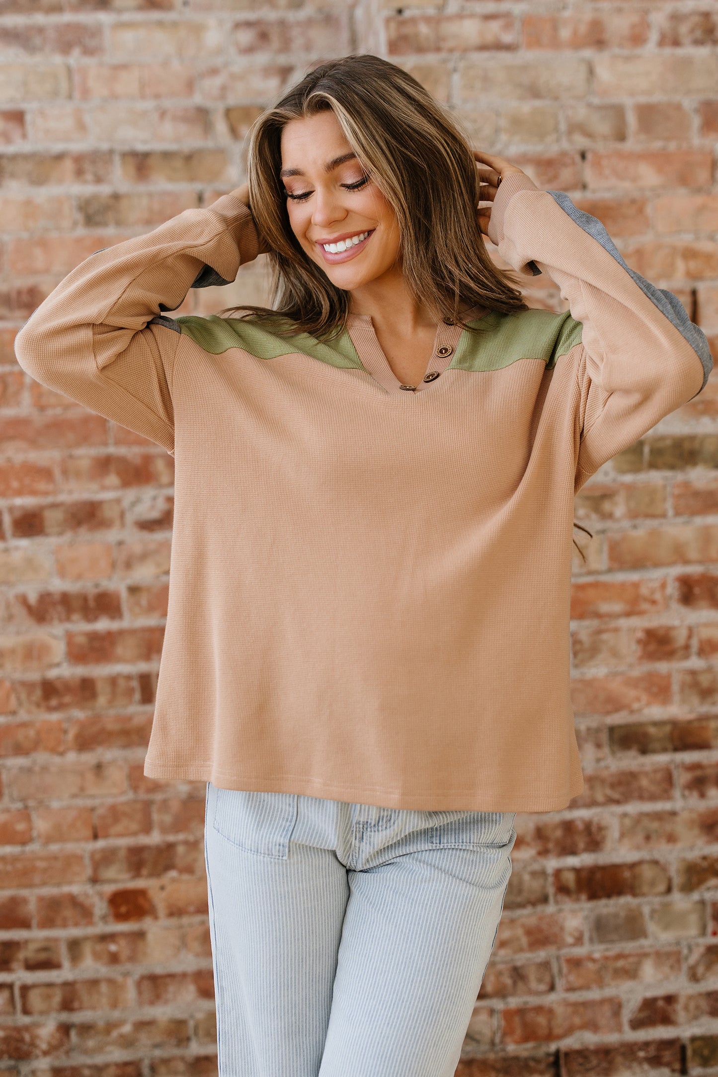 Buckskin Color Block Thermal Textured Knit Drop Shoulder Henley Top