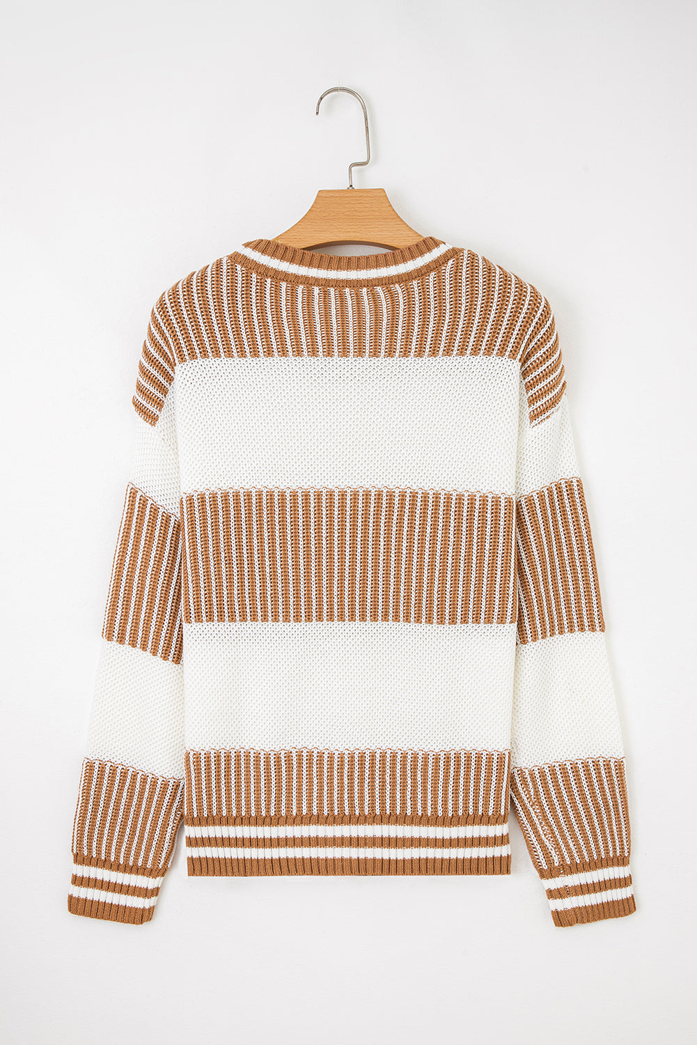 Brown Two Tone Striped Patchwork Drop Shoulder Loose Sweater