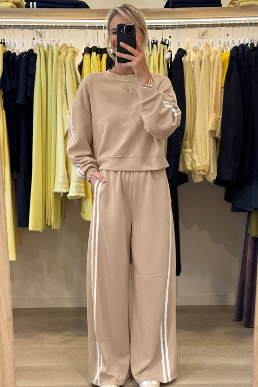 Dirty blue Varsity Striped Detail Crewneck Pullover Elastic Sweatpants 2pcs Outfit