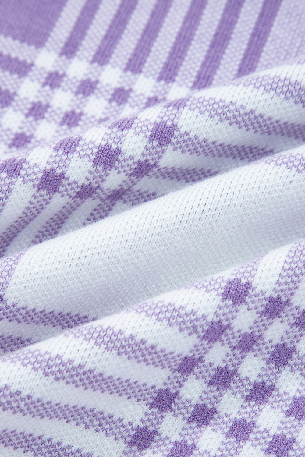 Lilac Plaid Print Ribbed Trim Loose Sweater