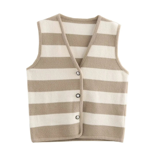 French style fashionable simple contrasting striped V-neck edging knitted vest