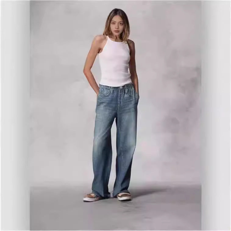 Retro mid rise women's jeans floor length washed loose wide leg straight leg pants