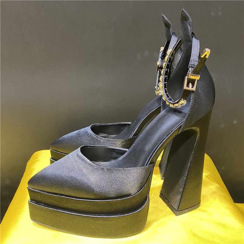 processing time:5-7 days after placing orders--Luxury Women High Heel Shoes Platform Sandals Pointed Toe Woman Silk Pumps Sexy Rhinestone Buckle Chunky Heel Wedding Shoes