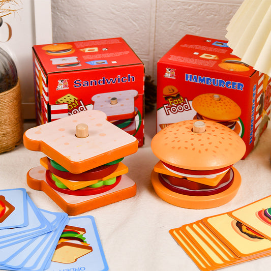 Baby wooden simulation burger, french fries, sandwich set, pillar pairing, food cutting, kitchen utensils, play with toys