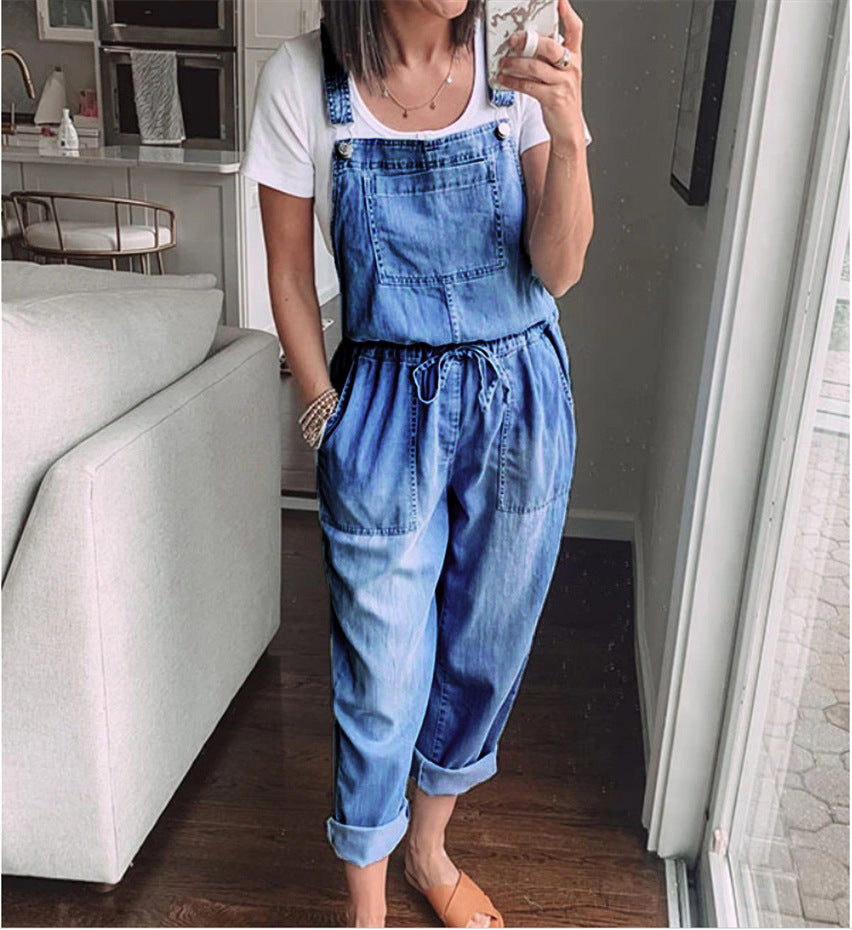 Spring Summer Drawstring Denim Overalls Women's Simple Casual With Stylish Pocket Slim Slim Feet Denim Pants