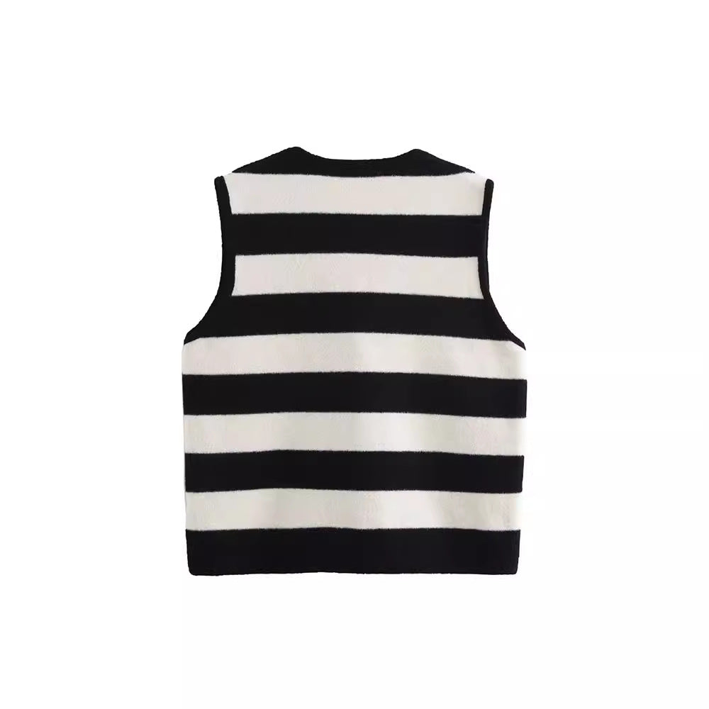 French style fashionable simple contrasting striped V-neck edging knitted vest