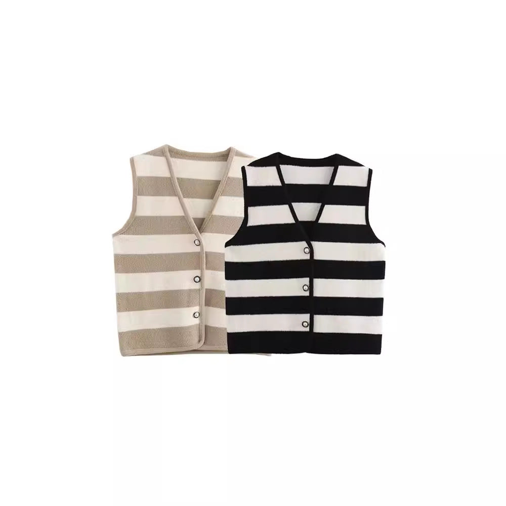 French style fashionable simple contrasting striped V-neck edging knitted vest