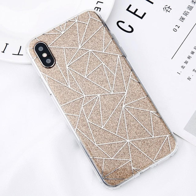 Glitter Bling Powder Phone Case For iPhone X Geometric Lines Hard PC Back Cover Cases For iPhone 8 7 6 6s Plus 5 5s SE