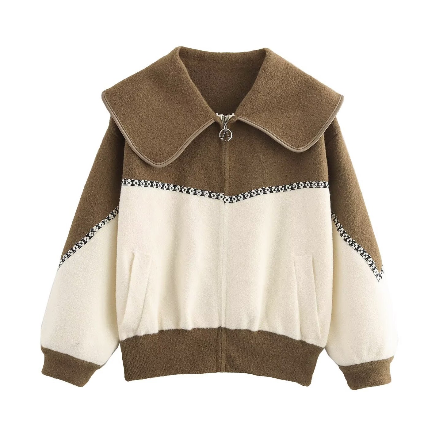 Color blocking collar zipper knitted double-sided cardigan design loose sweater jacket for women