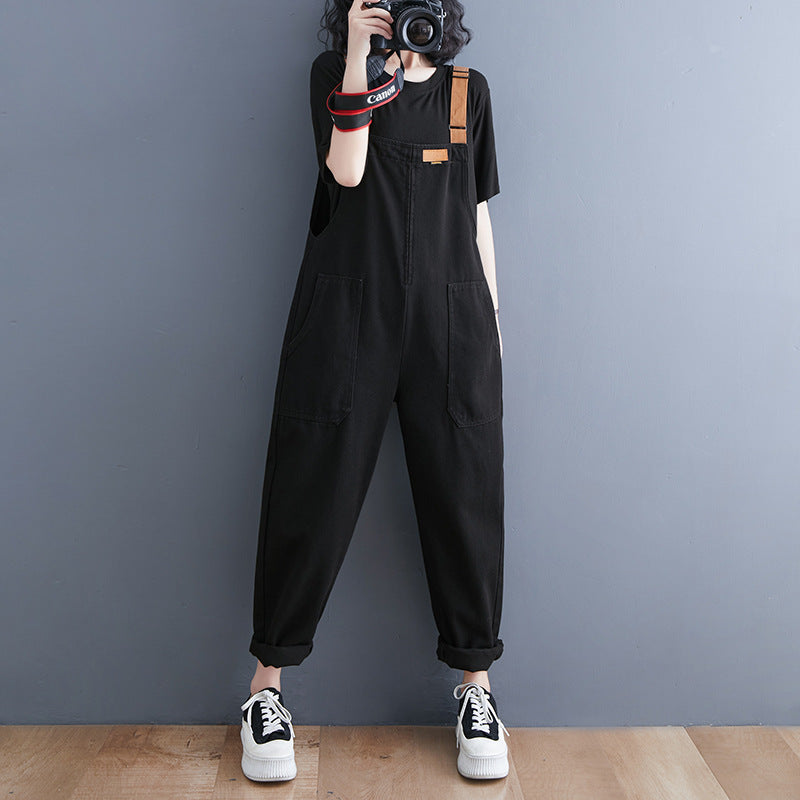 Spring loose large size denim overalls women's fashion simple casual loose suspender denim jumpsuit