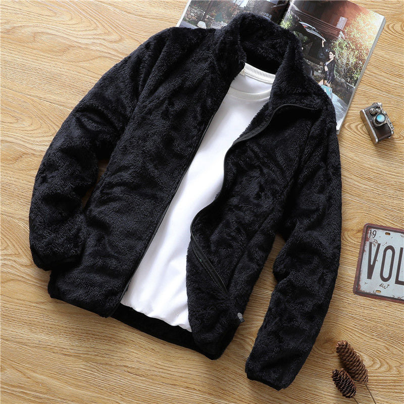 Men's Korean loose autumn and winter jacket, men's standing collar fleece jacket, double-sided fleece top