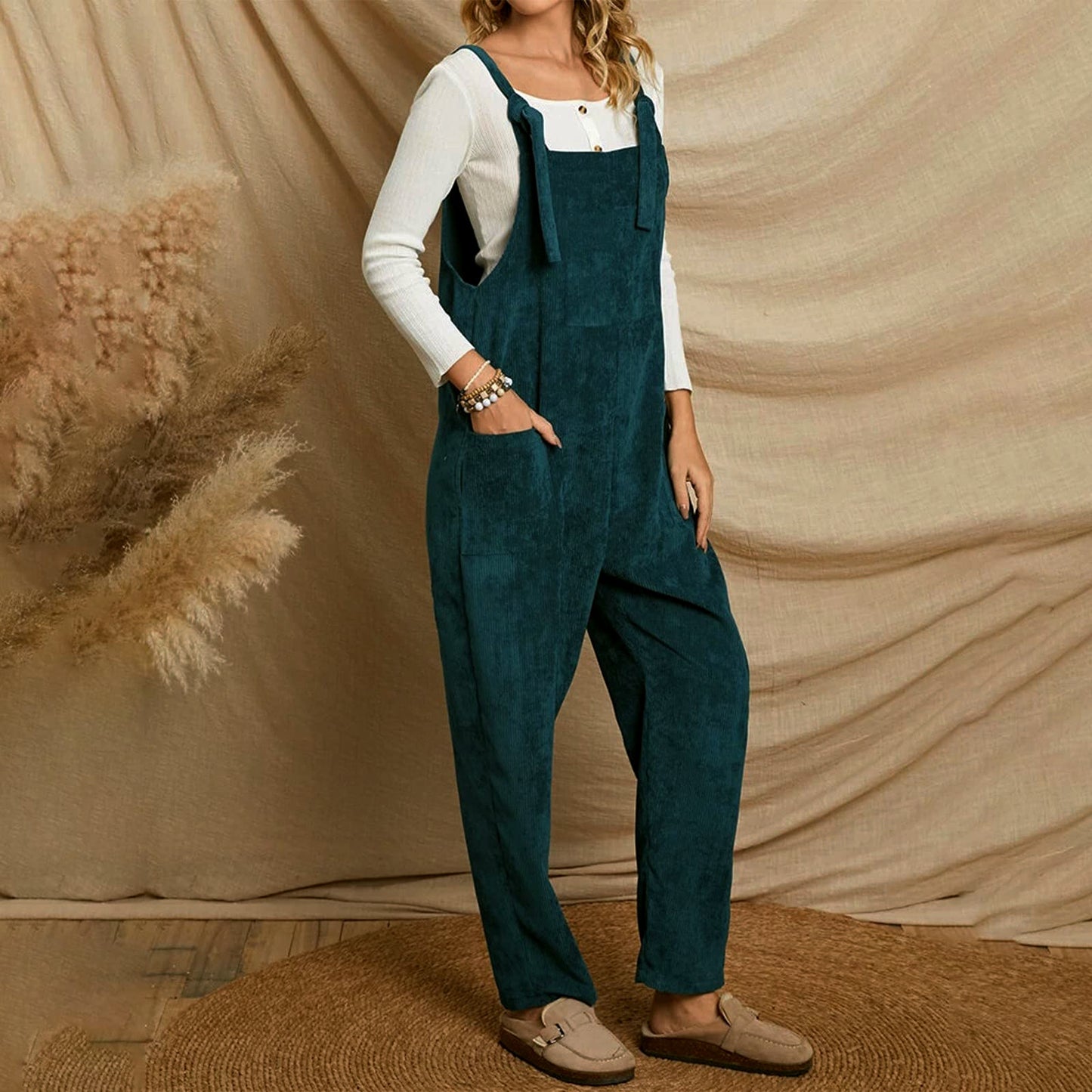 Corduroy multi pocket shoulder strap jumpsuit