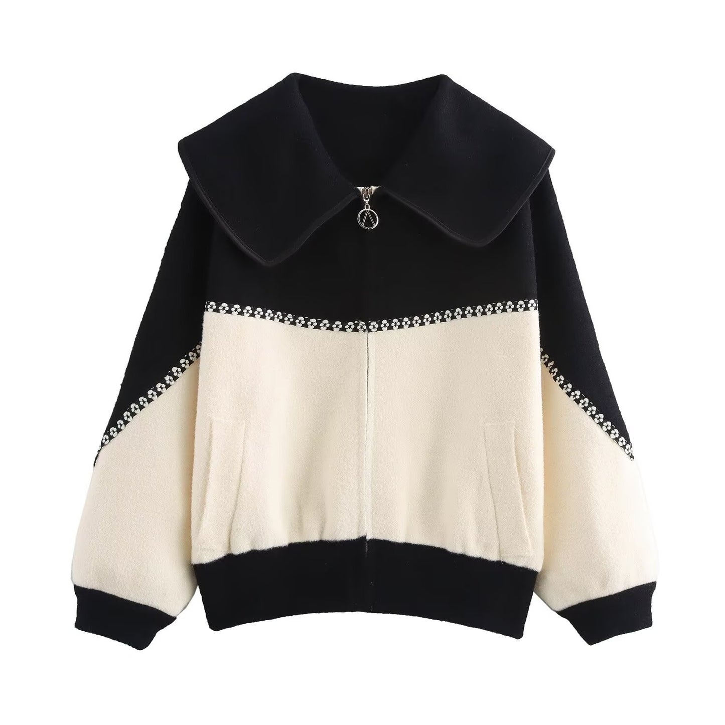 Color blocking collar zipper knitted double-sided cardigan design loose sweater jacket for women