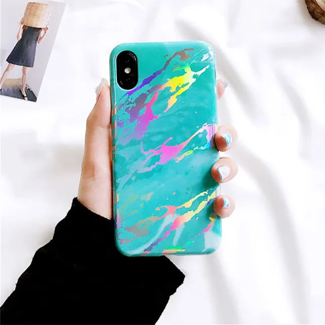 Laser Marble Texture Phone Case For iPhone XR XS Max X 6 6S 7 8 Plus Soft IMD Protective Phone Back Cover Coque